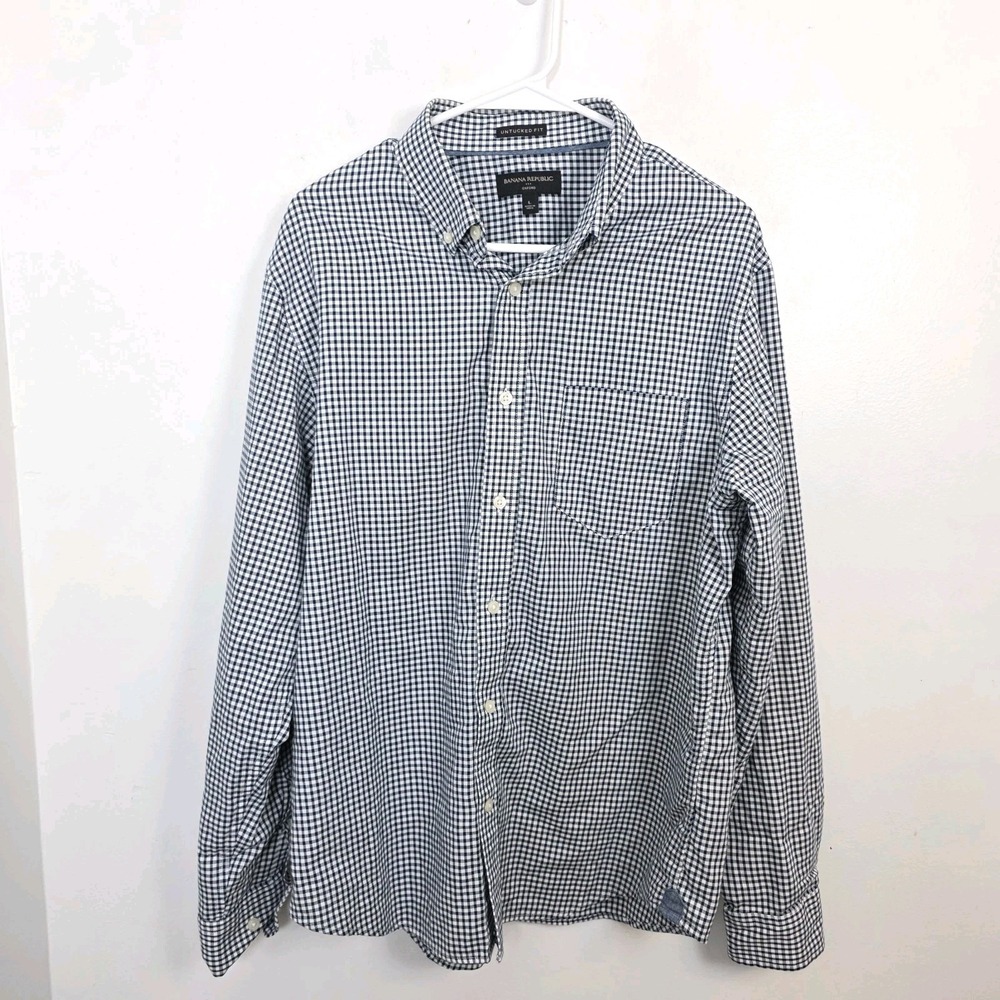 Banana Republic Navy White Gingham Oxford Untucked Fit Button Up Shirt Sz Large